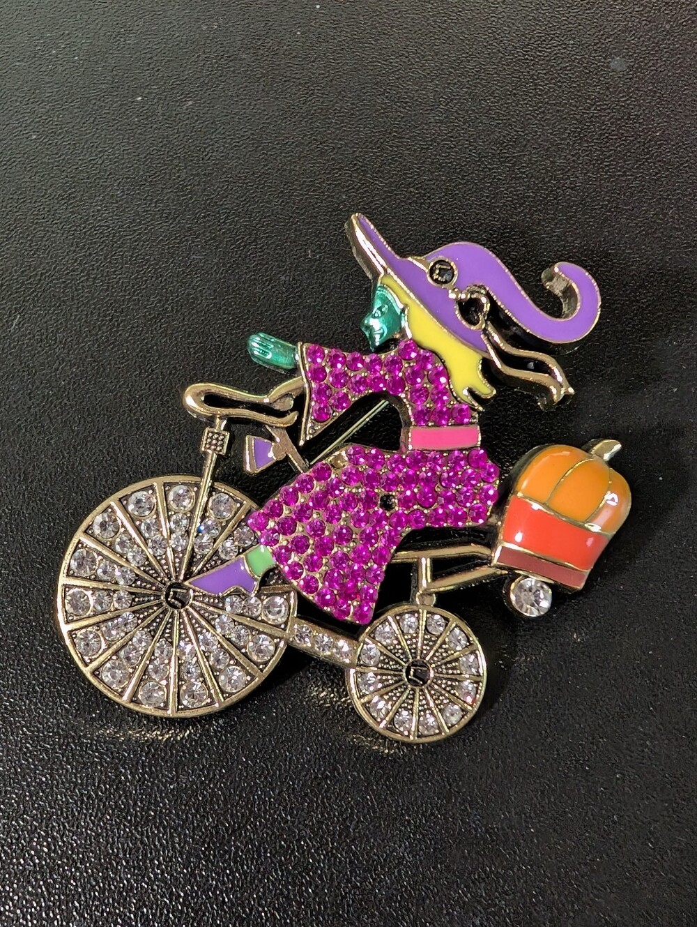 Purple Witch on Bicycle Brooch Pin - Purple